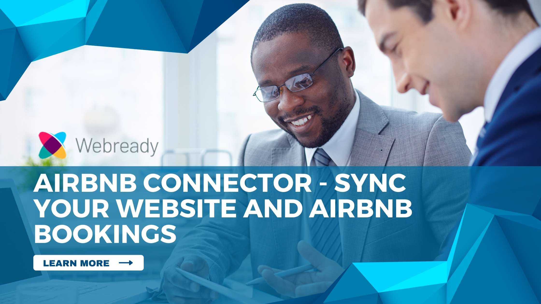 Professionals discussing Airbnb Connector feature for syncing website and Airbnb bookings using Webready