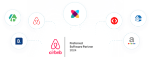 A graphic showing Webready as Airbnb's Preferred Software Partner for 2024, connected to various vacation rental platforms, including VRBO, Booking.com, and others, represented by their icons in a circular layout.