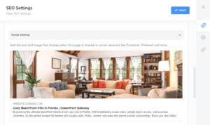 SEO settings page showing social sharing options with a sample image of a cozy beachfront villa, used for optimizing how the property appears on social networks